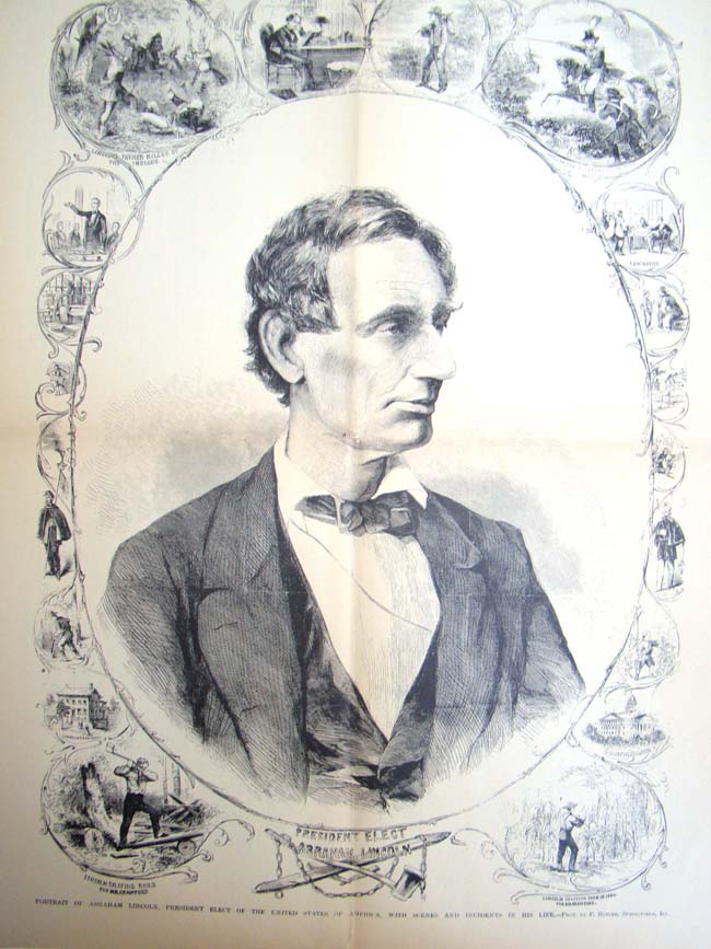 A Civil War engraving from Frank Leslie's Illustrated Newspaper dated March 9, 1861 featuring President Elect Abraham Lincoln with scenes from his life.